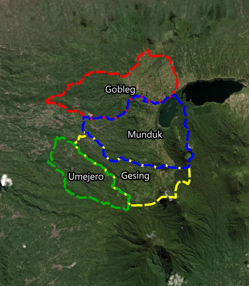 Satellite map of Catur Desa — Gobleg, Munduk, Umejero, and Gesing — around Lake Tamblingan